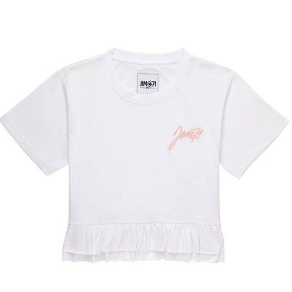 J1MO71 Script Cropped White Ruffled Accent Short Sleeve Tee Size Small